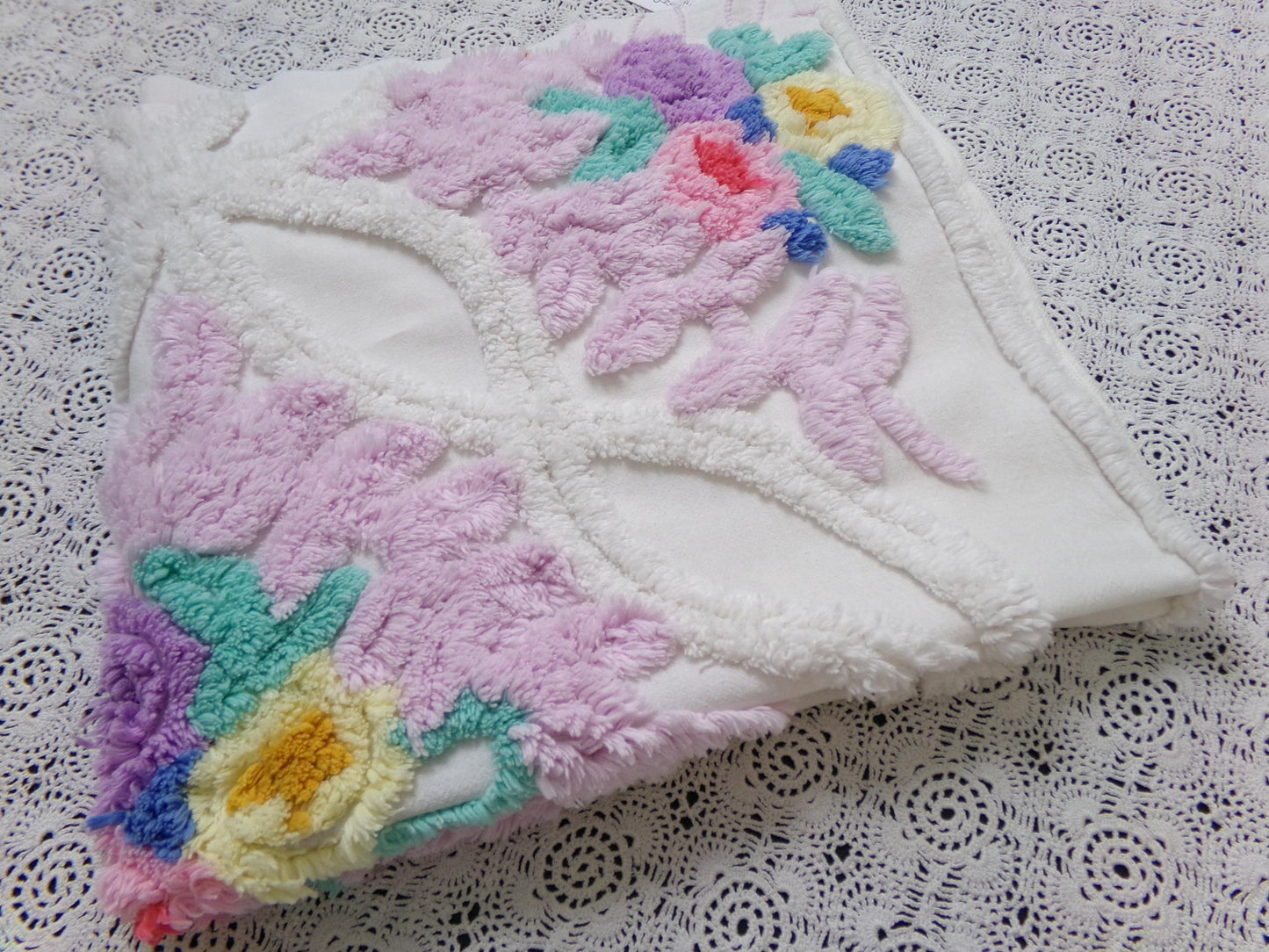 Lavender Floral Vintage Chenille Bedspread Fabric Piece 24x23" Sewing Material