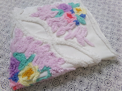 Lavender Floral Vintage Chenille Bedspread Fabric Piece 24x23" Sewing Material