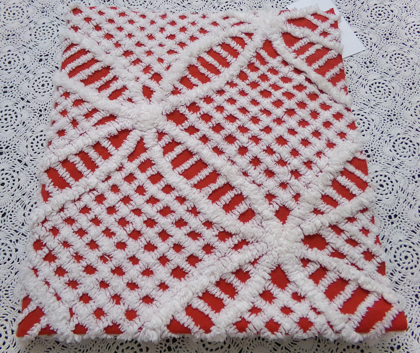 red & white vintage chenille fabric, geometric design 20" x 24" piece quilt material