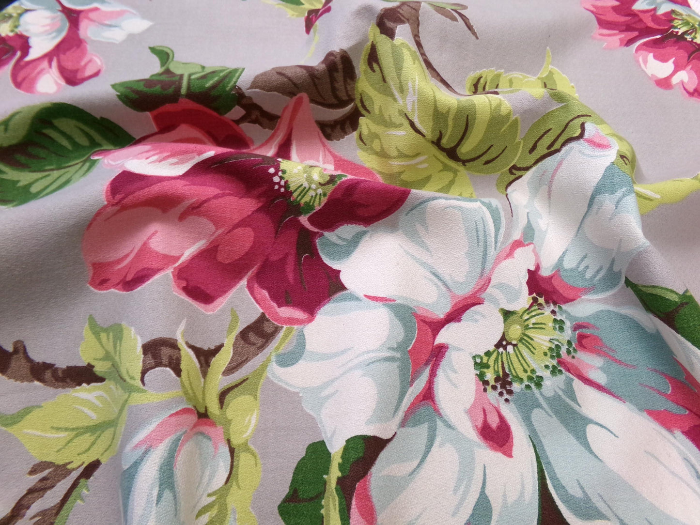 Vintage Barkcloth Fabric 1940s Pink Aqua Magnolia Floral Gray Mid-Century, 22" x 34"