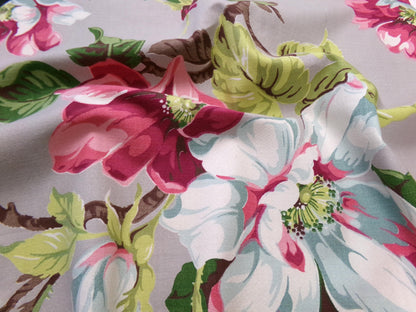 Vintage Barkcloth Fabric 1940s Pink Aqua Magnolia Floral Gray Mid-Century, 21" x 33"
