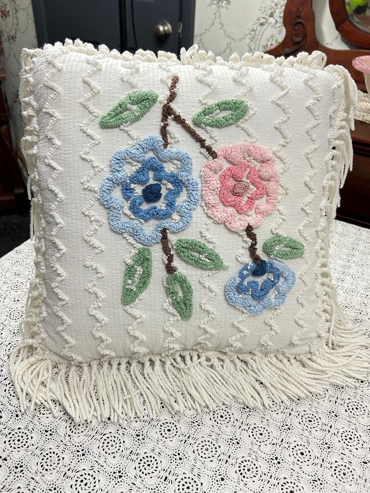 Vintage Floral Chenille Pillow Cover, Shabby Chic Reversible 16" Square Design