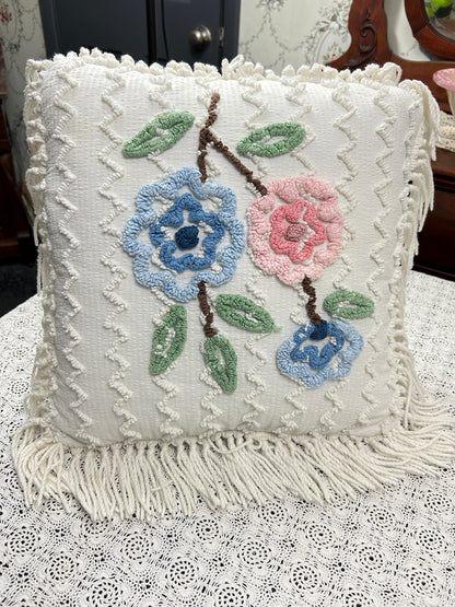 Vintage Floral Chenille Pillow Cover, Shabby Chic Reversible 16" Square Design