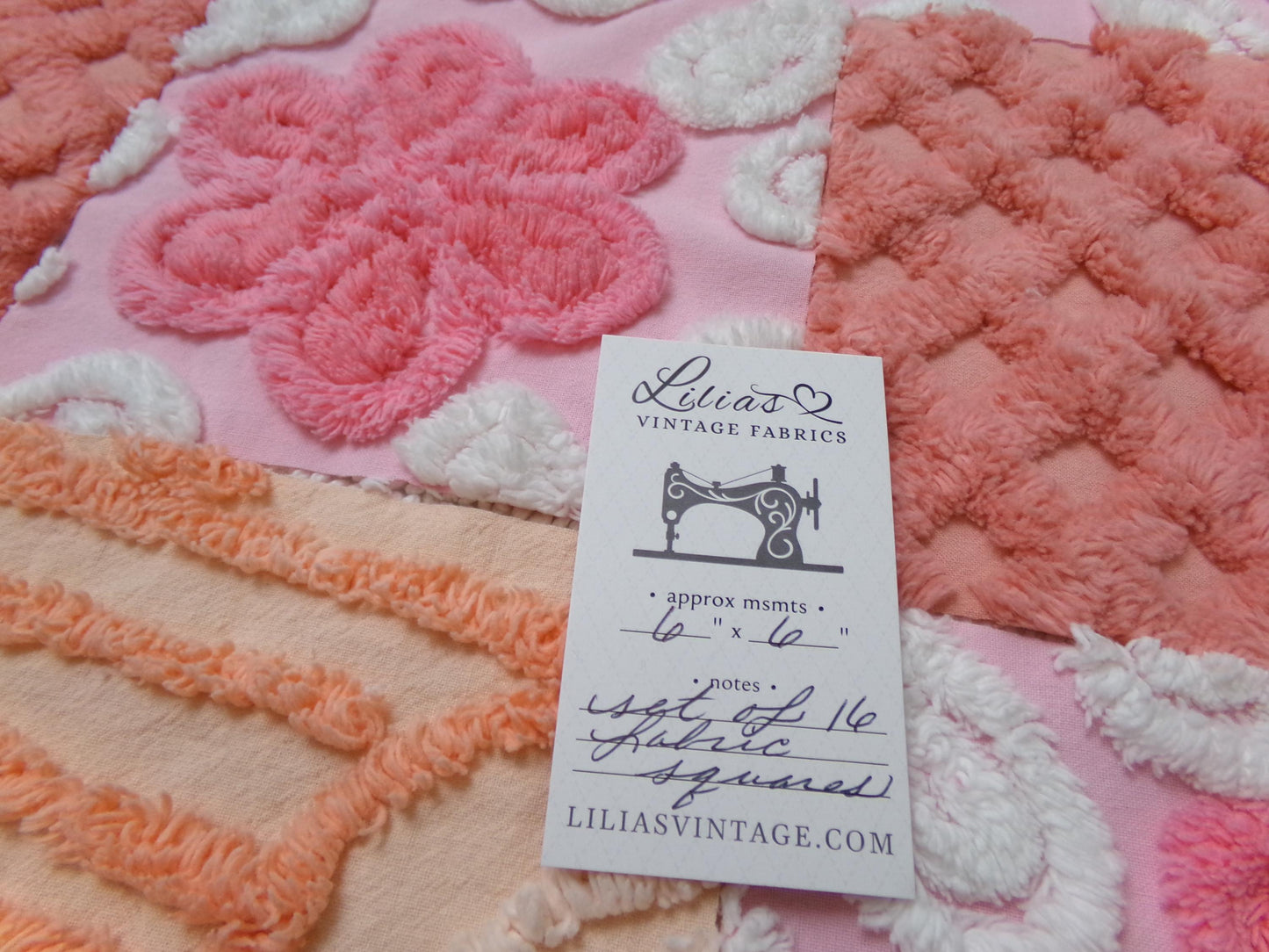 Strawberry Peach Vintage Chenille Fabric Squares Set, 16 Quilt Blocks, 6" x 6" inches each, for Quilting, Sewing, DIY Pillows