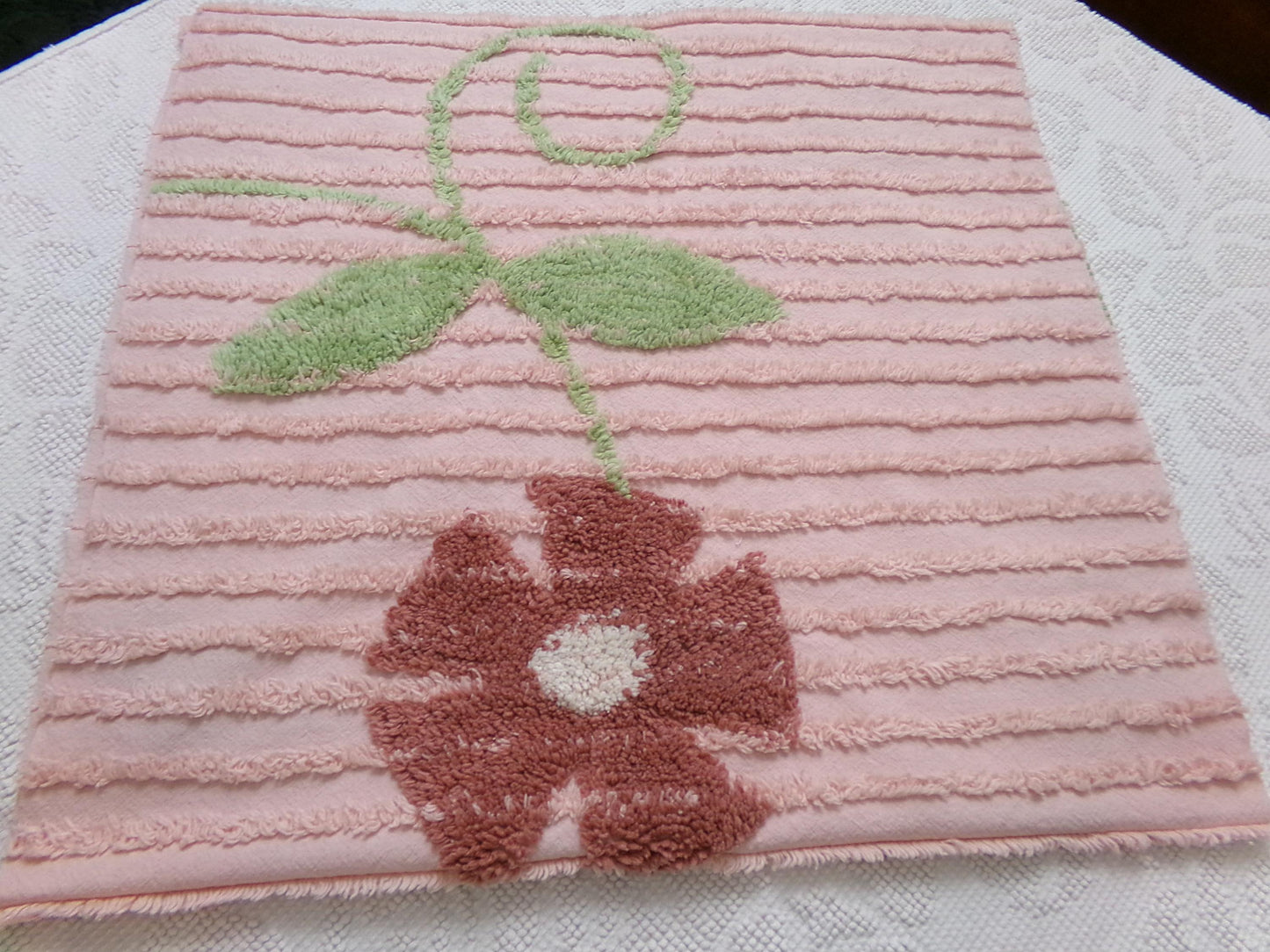 pink vintage chenille bedspread fabric, rambling floral vine sewing craft material 19" x 36"