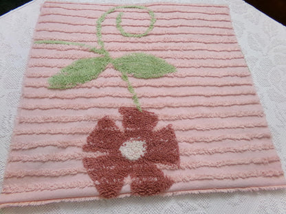 pink vintage chenille bedspread fabric, rambling floral vine sewing craft material 19" x 36"