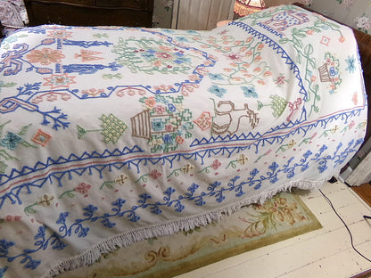 Vintage Boho Chenille Bedspread, Rare Folk Art Fieldcrest Needletuft Tribal Design, Full Size Cotton Bedding