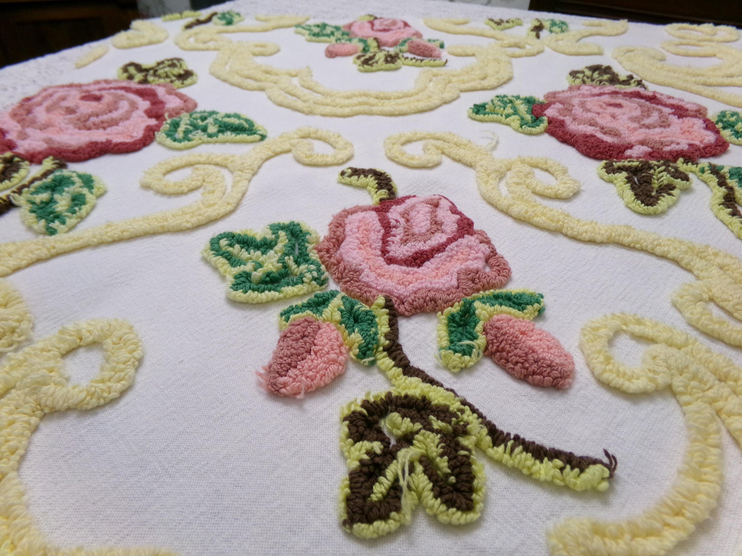 Cottage Pink Rose Vintage Chenille Fabric Shabby Scrollwork Sewing Quilt Material 27" x 24"