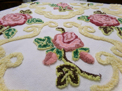 Cottage Pink Rose Vintage Chenille Fabric Shabby Scrollwork Sewing Quilt Material 27" x 24"