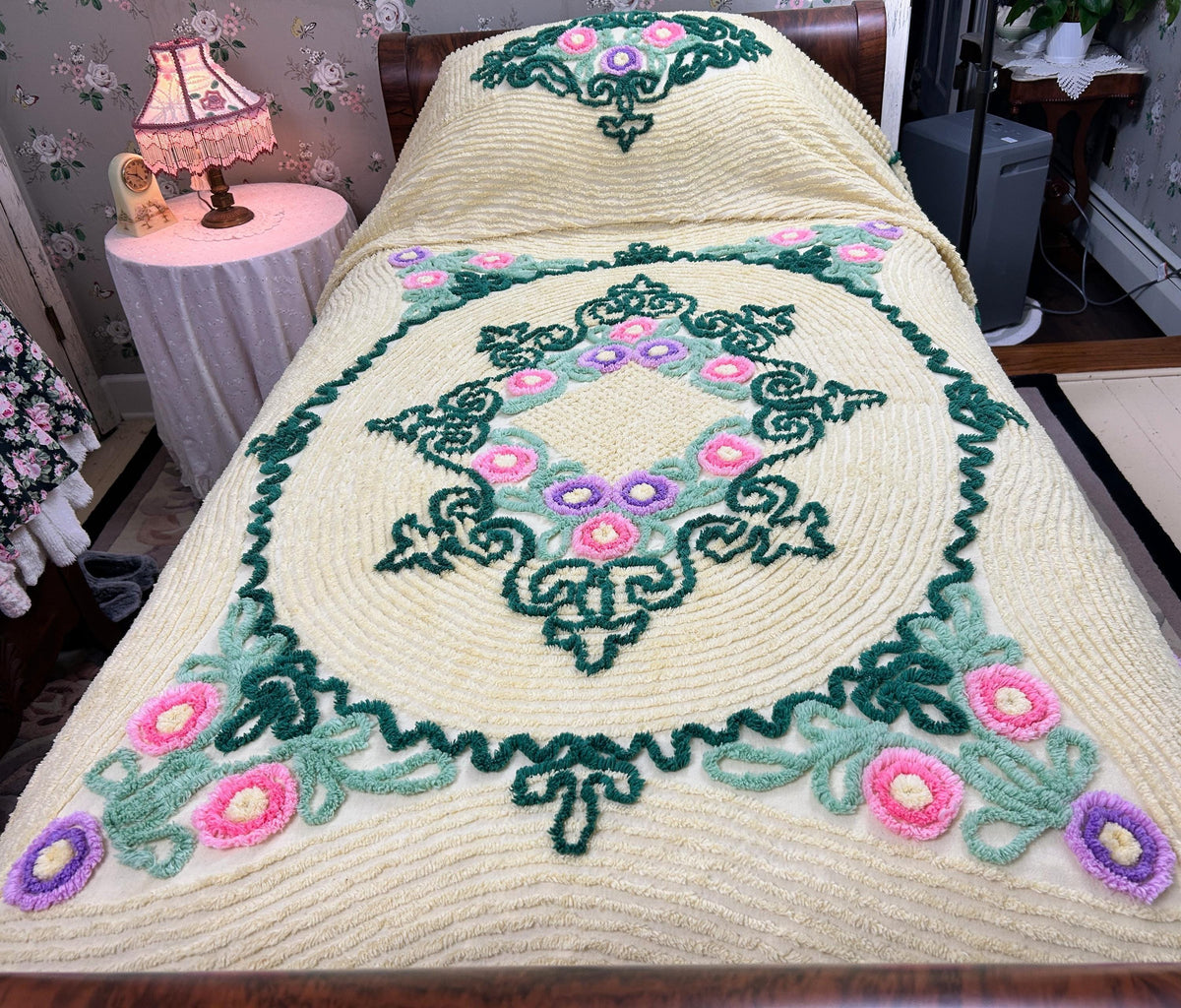 Vintage Yellow Chenille Bedspread, Lollipop Roses & Green Medallion Scrolls, Full Size
