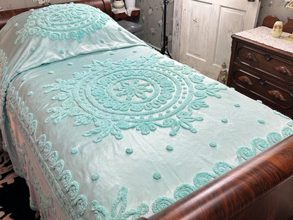 Seafoam Vintage Satin Bedspread Aqua Glamour Tufted Chenille Full Sz
