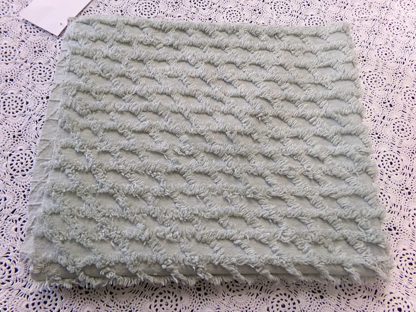 Calming Sage Vintage Chenille Bedspread Fabric Green Diamond Lattice 20x24"