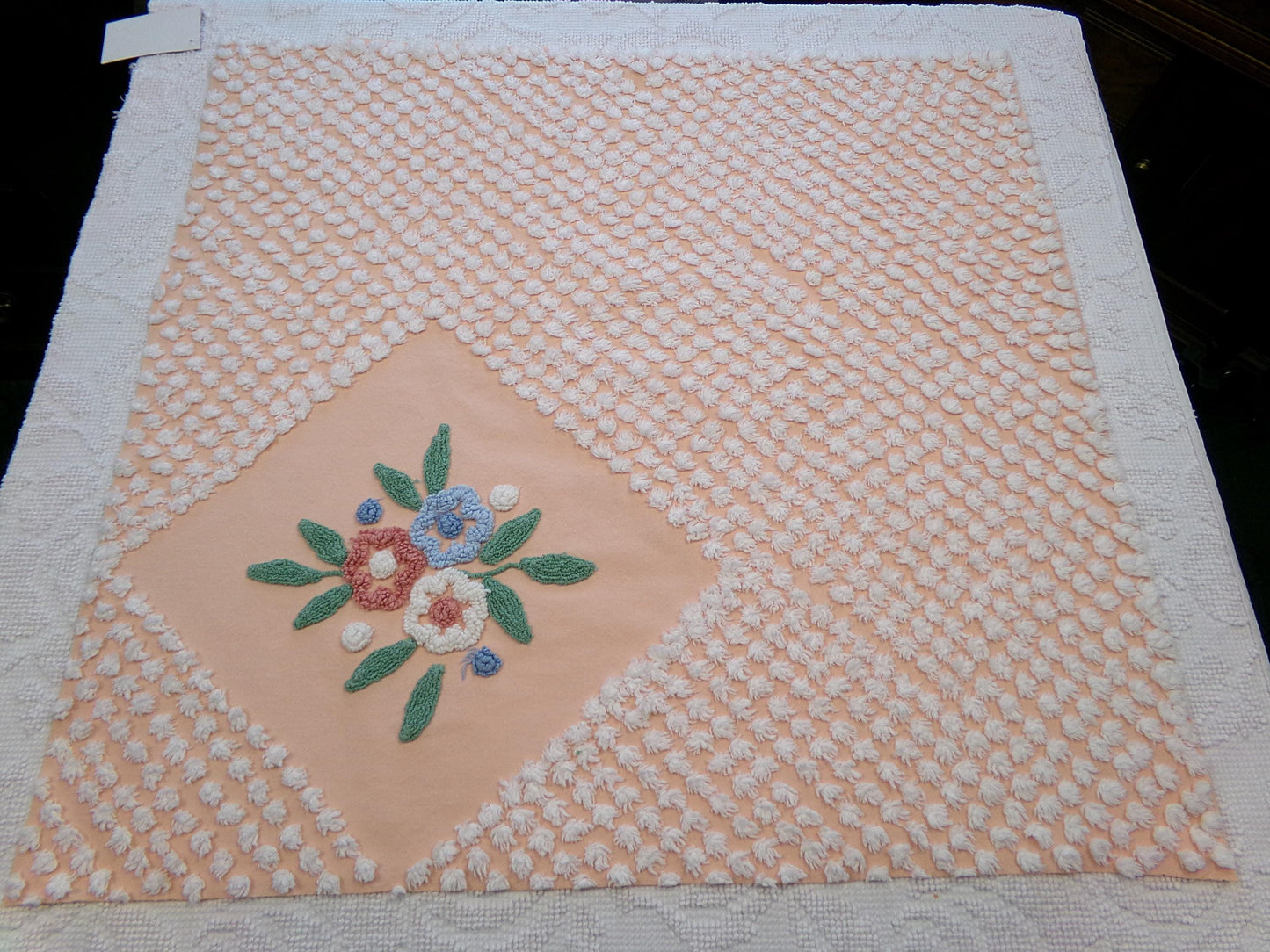 Vintage Peach Chenille Fabric Floral White Puff Tufts, Quilting Crafts Cottage Chic Bedspread Material Upcycle Sewing Supply, 26" x 27"