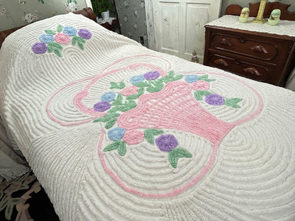 Vintage Chenille Bedspread Pink Flower Basket White Full Size Bed Cover