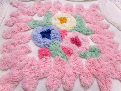 Vintage Chenille Fabric Piece, Pink Frosting Floral Cottage Chic Sewing Material 18x30"