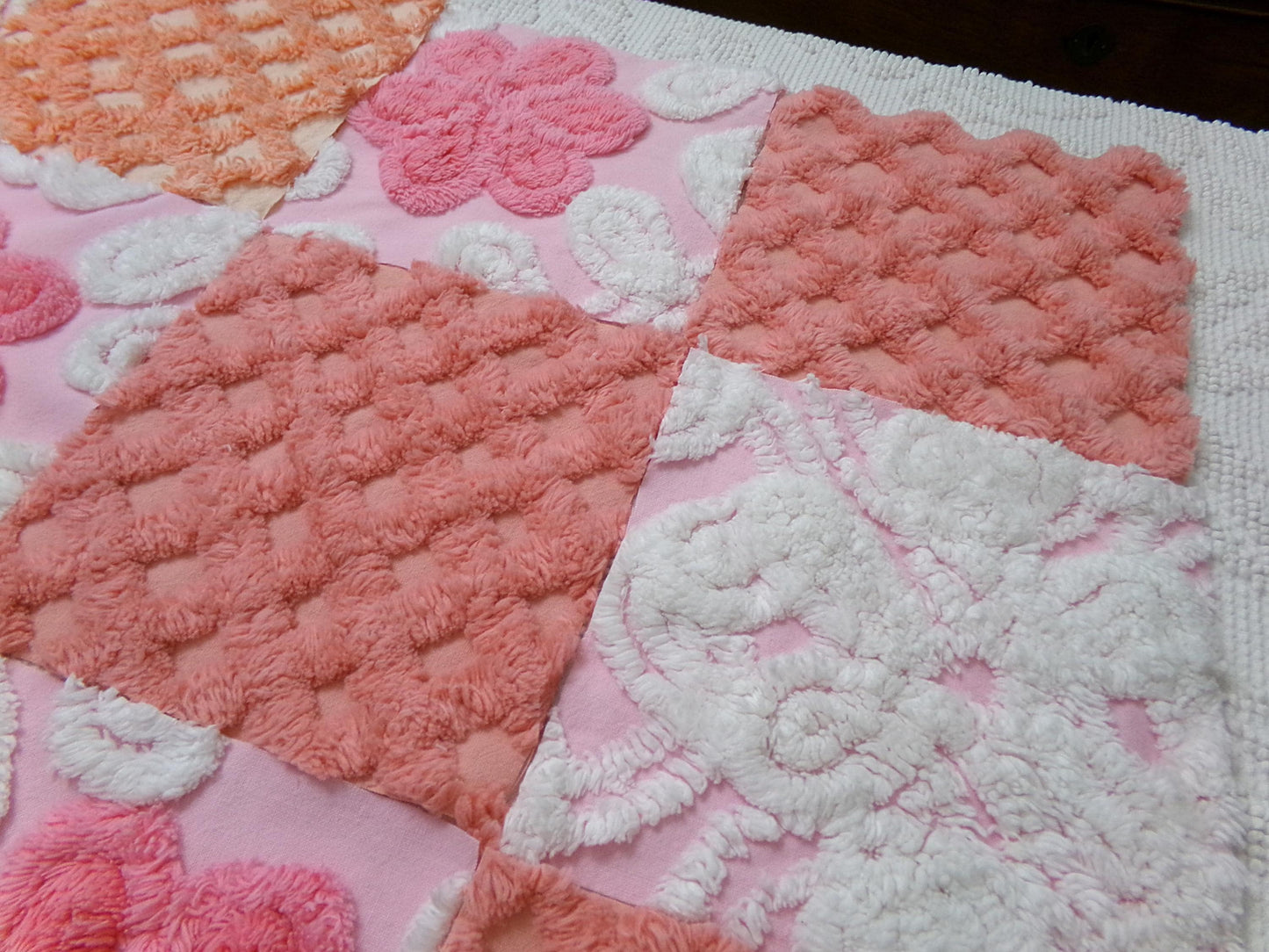 Strawberry Peach Vintage Chenille Fabric Squares Set, 16 Quilt Blocks, 6" x 6" inches each, for Quilting, Sewing, DIY Pillows