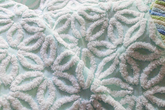 aqua & white daisy vintage chenille fabric, 20" x 24" piece of cottage style sewing quilt material