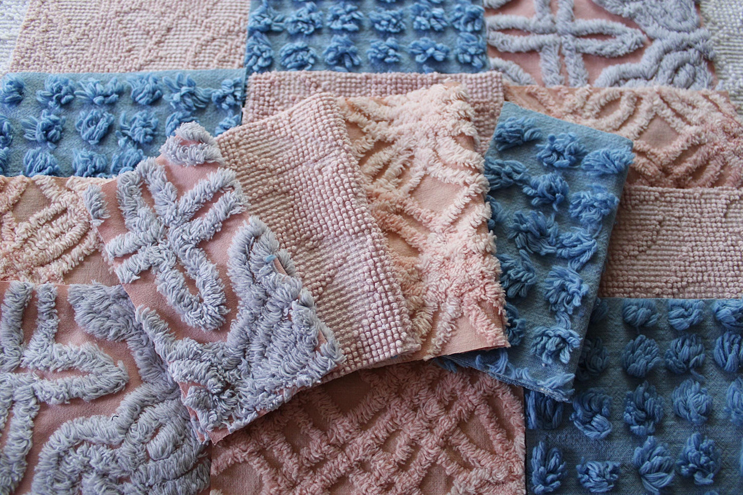 twilight melody vintage chenille fabric squares, set of 16 dreamy 6" quilt blocks, serene blue, rose mist, pink shades