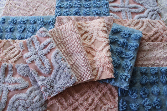 twilight melody vintage chenille fabric squares, set of 16 dreamy 6" quilt blocks, serene blue, rose mist, pink shades
