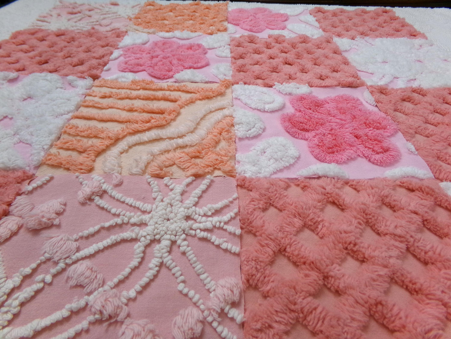 Strawberry Peach Vintage Chenille Fabric Squares Set, 16 Quilt Blocks, 6" x 6" inches each, for Quilting, Sewing, DIY Pillows