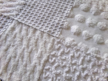 Snowstorm White Vintage Chenille Fabric Squares, Diamond Ice, Coin Pop, Squiggle & Micro Grid, Set of 16 Quilt Blocks, 6" x 6" inch each