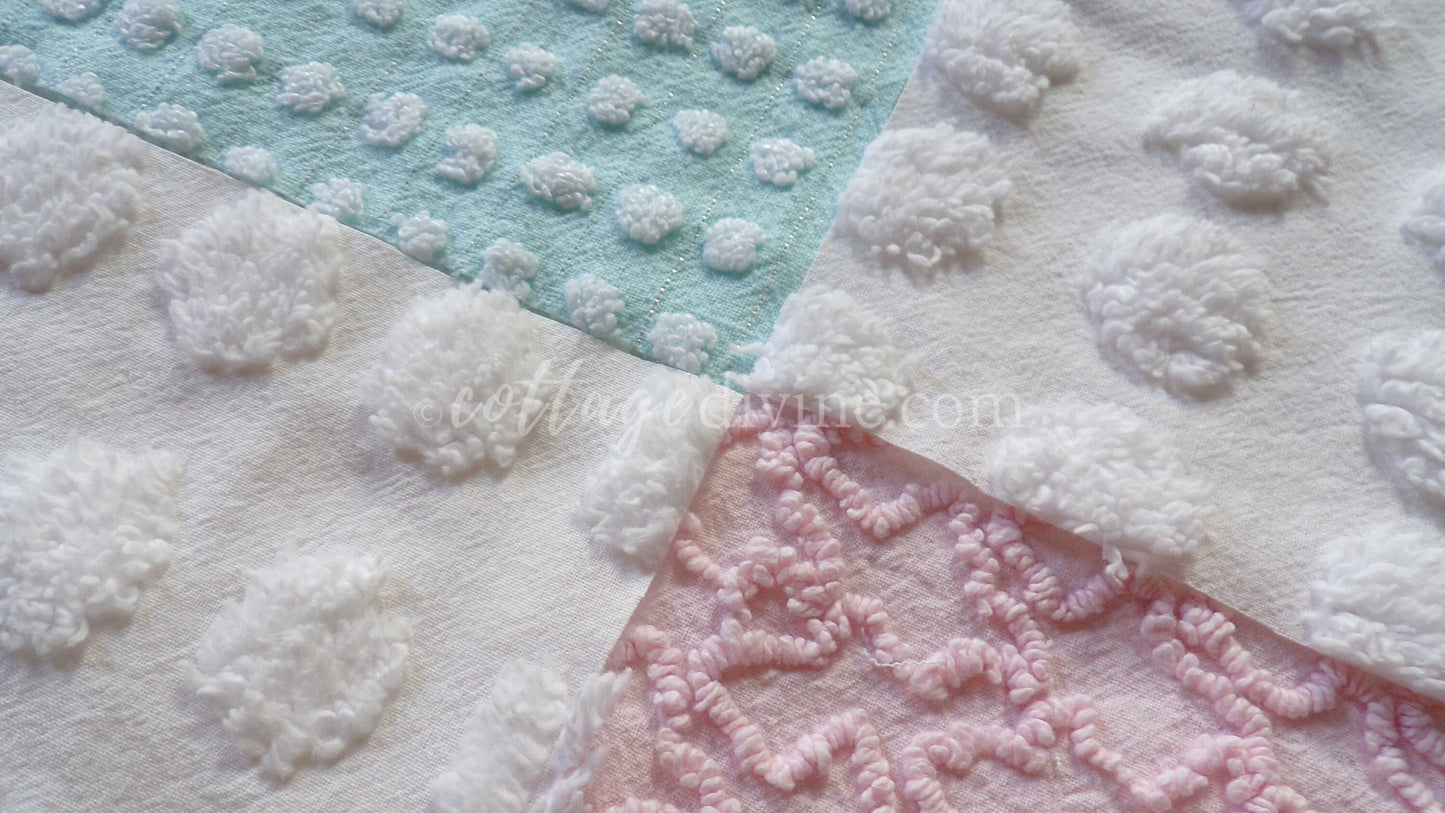 Classic Cottage Chic Chenille Fabric Squares, Set of 16 Vintage 6" Quilt Blocks, Pretty Pink Rosebud, Aqua & White