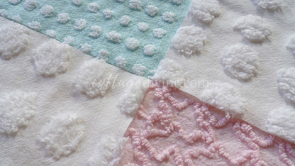 Classic Cottage Chic Chenille Fabric Squares, Set of 16 Vintage 6" Quilt Blocks, Pretty Pink Rosebud, Aqua & White
