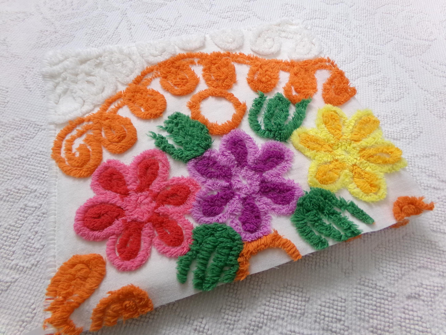 orange & white vintage chenille bedspread fabric, abstract swirl floral design, 25" x 23"