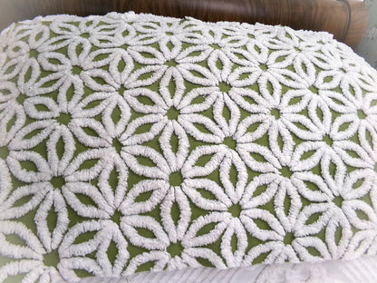 Boho Olive Green Vintage Chenille Fabric, High Contrast White Daisy 18x24" Pc