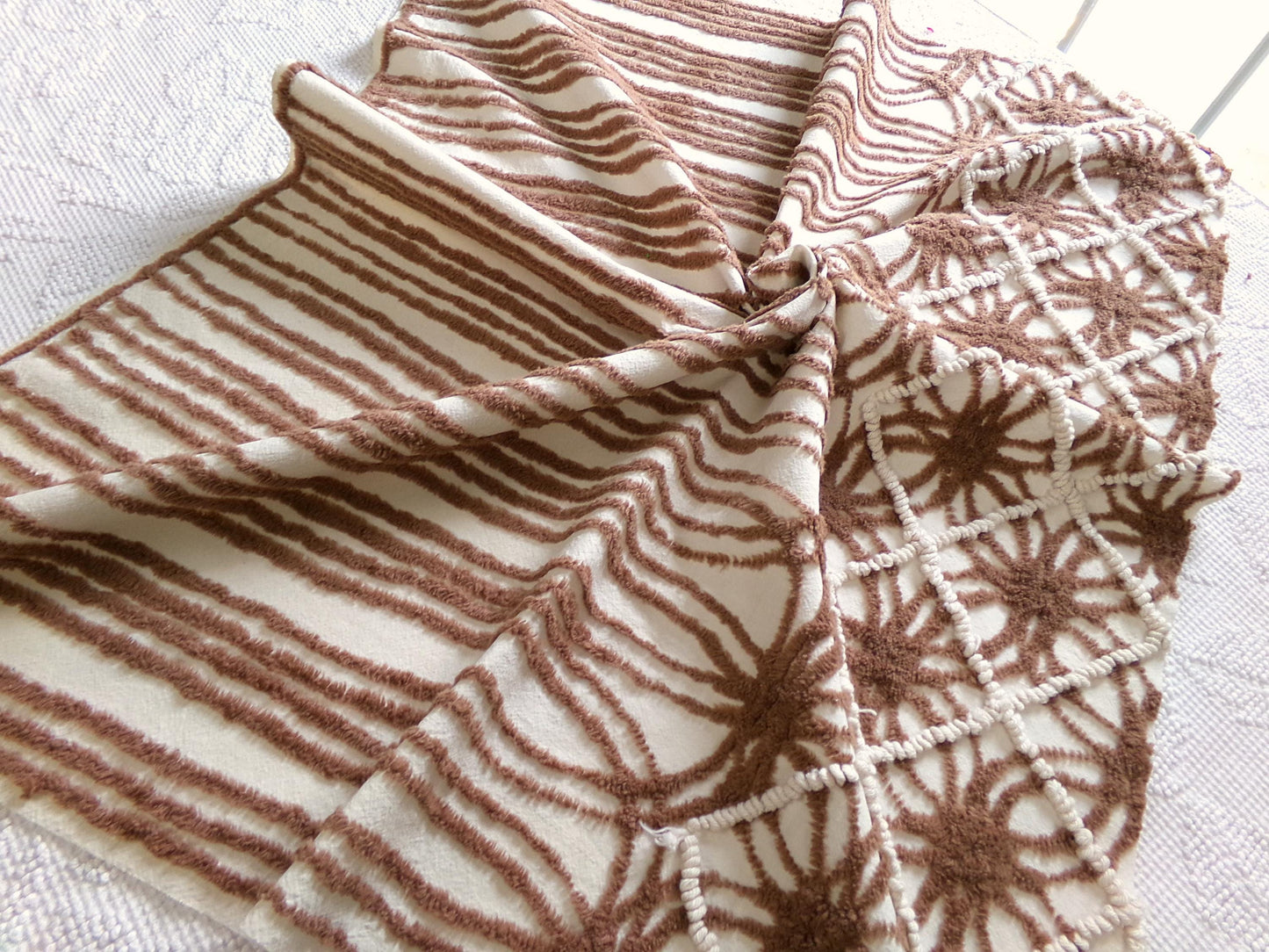 shabby cozy brown vintage chenille fabric, contrast stripe spider tuft design, 23" x 29" piece sewing & quilt material