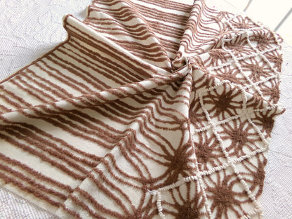 shabby cozy brown vintage chenille fabric, contrast stripe spider tuft design, 23" x 29" piece sewing & quilt material