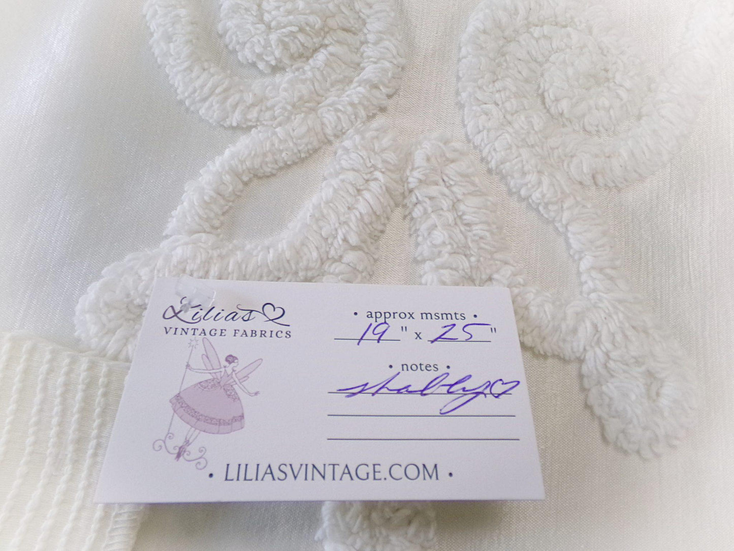 Vintage White Satin Chenille Bedspread Fabric, Shabby Chic 19x25" Piece