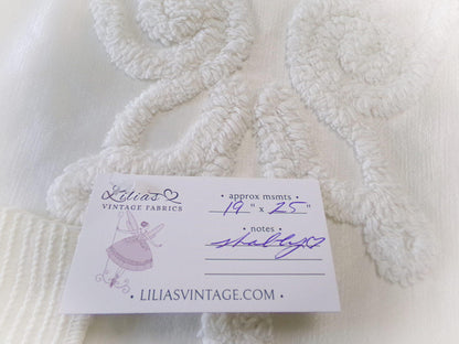 Vintage White Satin Chenille Bedspread Fabric, Shabby Chic 19x25" Piece