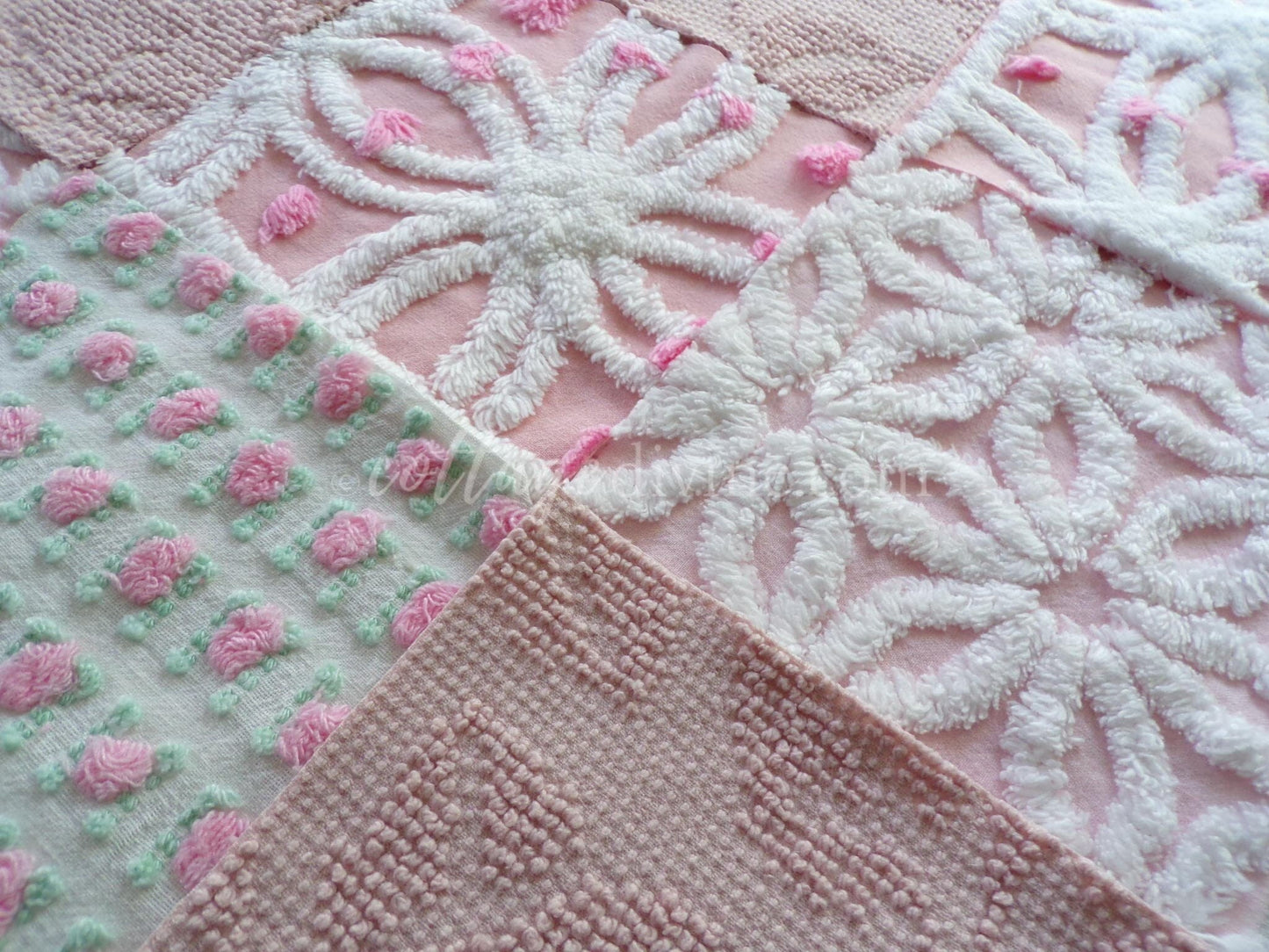 angel pink vintage chenille fabric squares, rosebuds, daisy patterns, set of 16 quilt blocks, 6" x 6" each, pretty in patchwork pillows