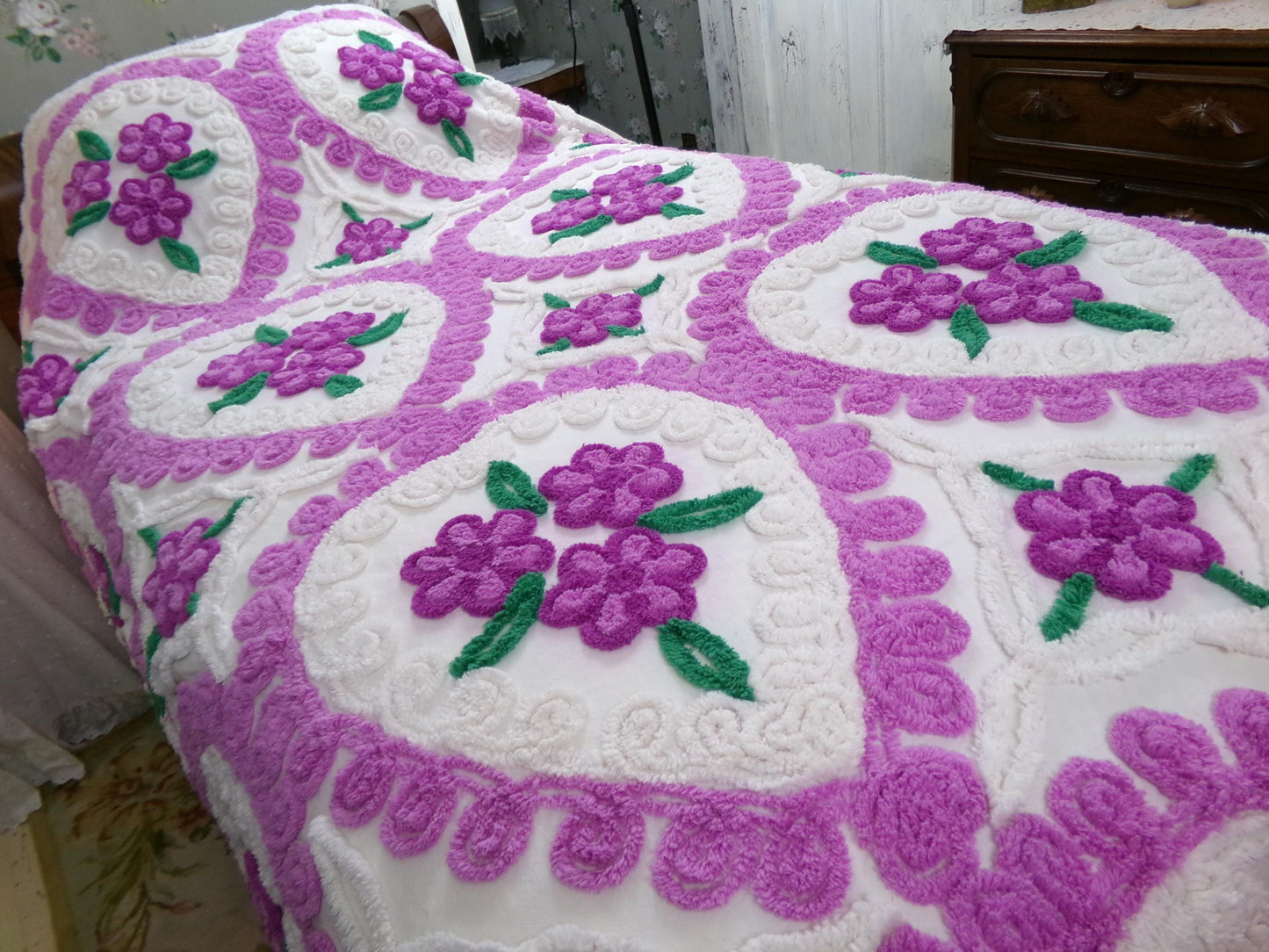 Vintage Chenille Bedspread Violets in Snow Heart Scrollwork White Cottage Bedding, FULL