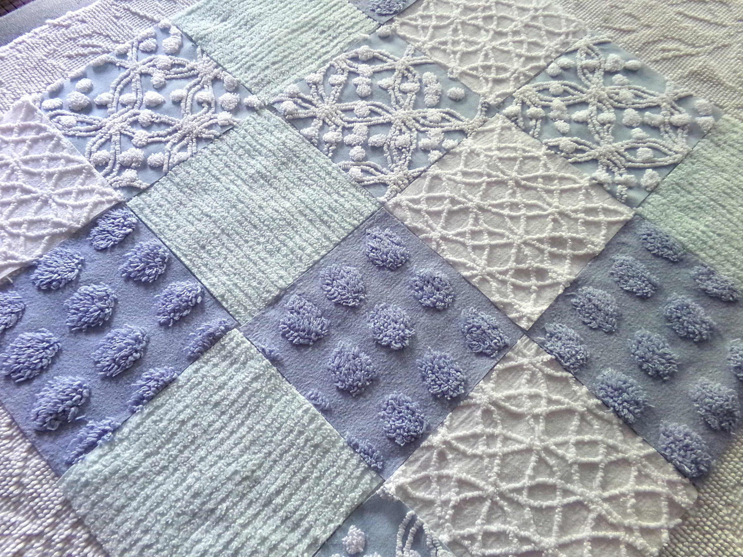 Chenille Fabric Squares Set, "Beach Life", 16 Vintage Quilt Blocks, 6" inch in Blue, Cool Aqua & White