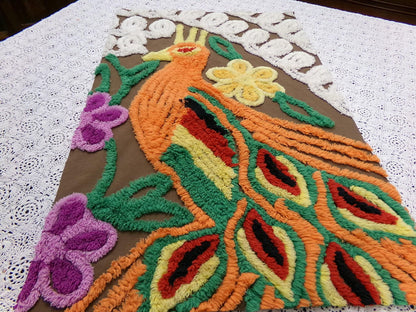 peacock vintage chenille bedspread fabric boho bird brown orange 14x21" small piece