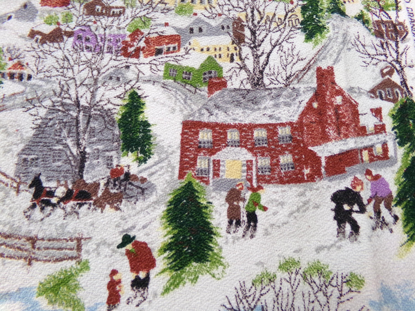 Grandma Moses DEEP SNOW Vintage Barkcloth Fabric, Midcentury Folk Art Winter Scene, 13" x 21"