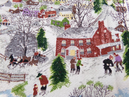 Grandma Moses DEEP SNOW Vintage Barkcloth Fabric, Midcentury Folk Art Winter Scene, 13" x 21"