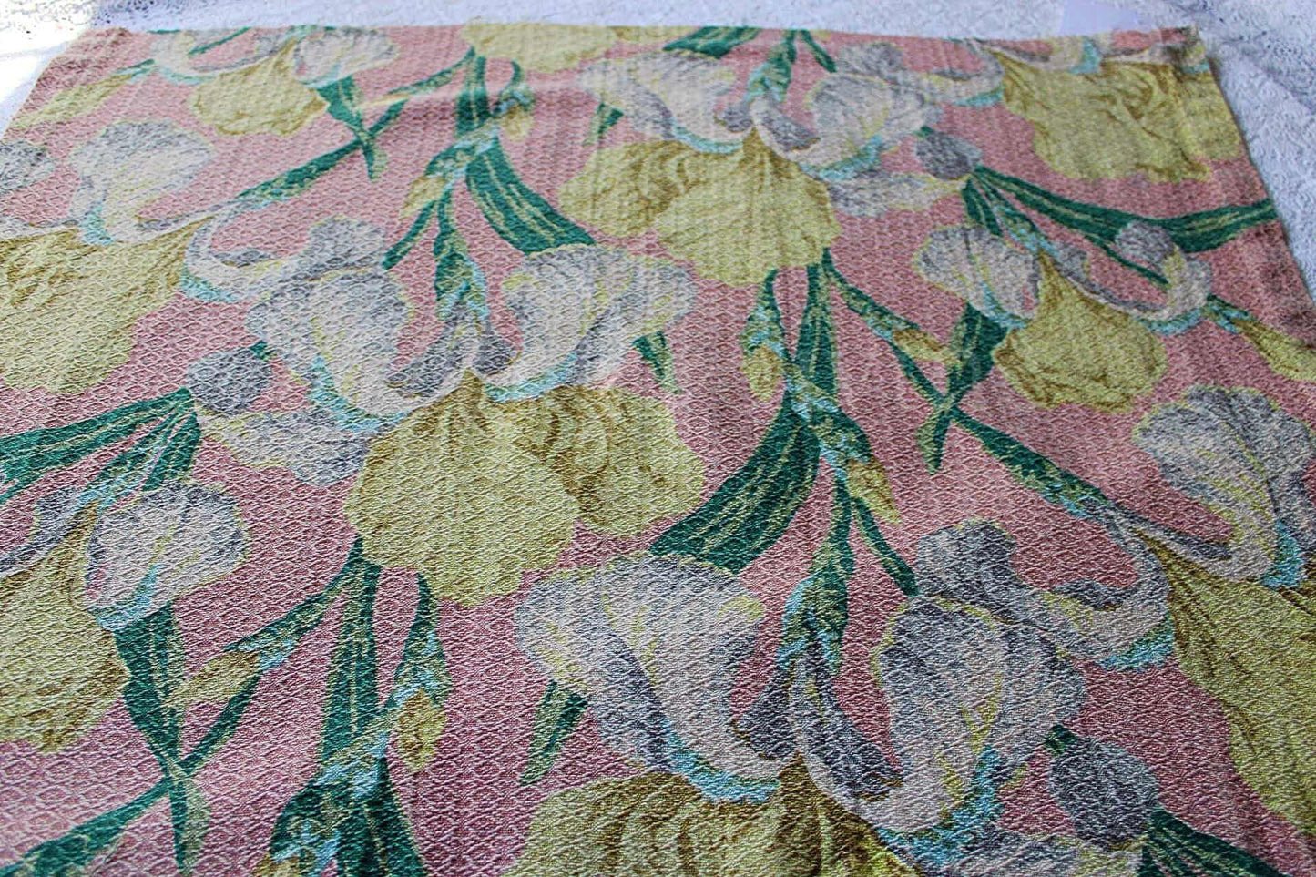 Vintage IRIS Floral Barkcloth Fabric Piece, 29.5" x 23" inches, Mauve Pink Rose & Old Fashioned Yellow Blooms, Deconstructed Curtain Panel