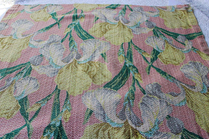 Vintage IRIS Floral Barkcloth Fabric Piece, 29.5" x 23" inches, Mauve Pink Rose & Old Fashioned Yellow Blooms, Deconstructed Curtain Panel