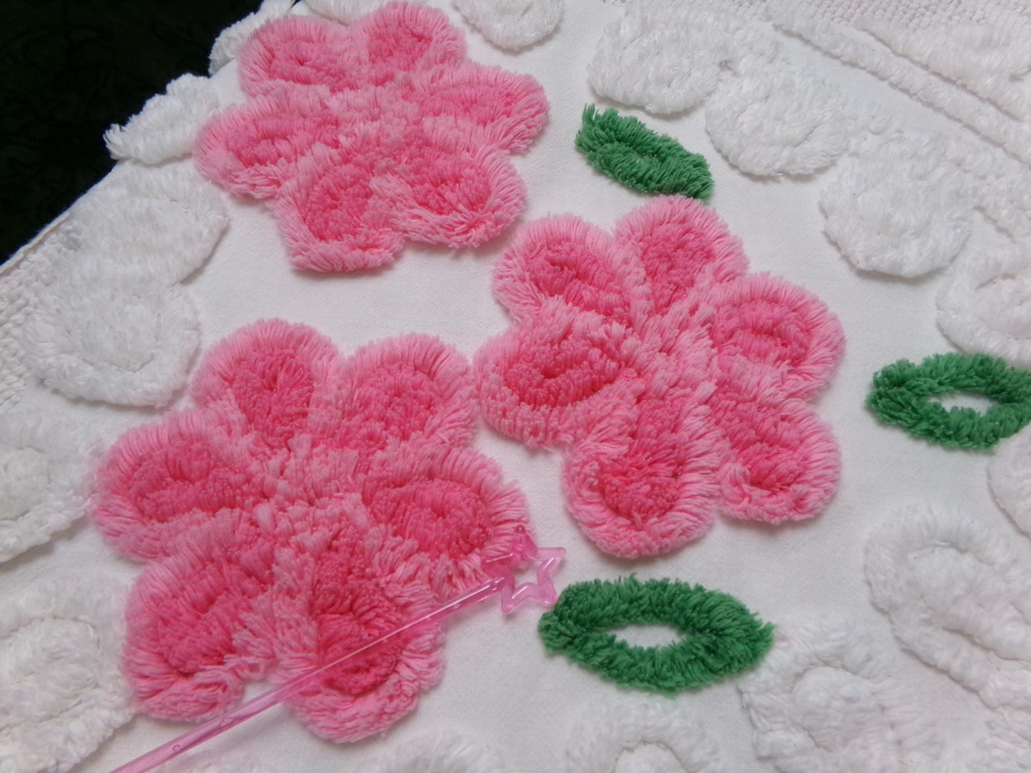 Pink White Floral Vintage Chenille Bedspread Fabric Sewing & Quilt Material 20" x 26"