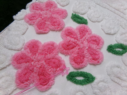 Pink White Floral Vintage Chenille Bedspread Fabric Sewing & Quilt Material 20" x 26"