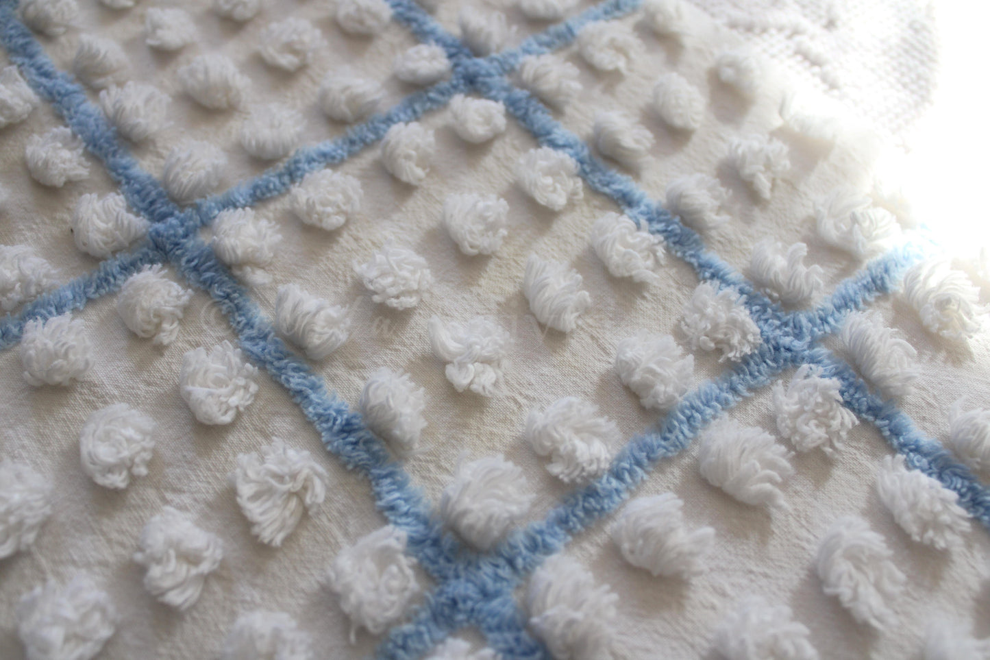 coastal blue & white vintage chenille fabric, puffy textured pops, 12" x 18" cut piece