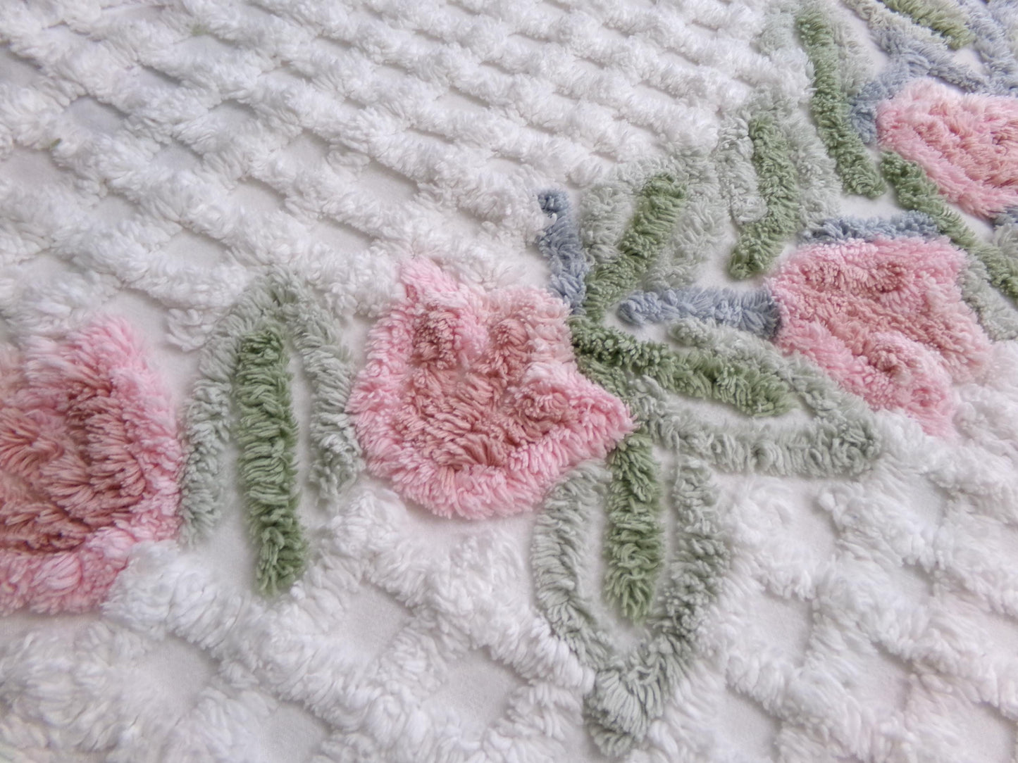 climbing tulips vintage chenille fabric in plush pink & white offset floral trellis design, 26" x 24" piece of sewing material