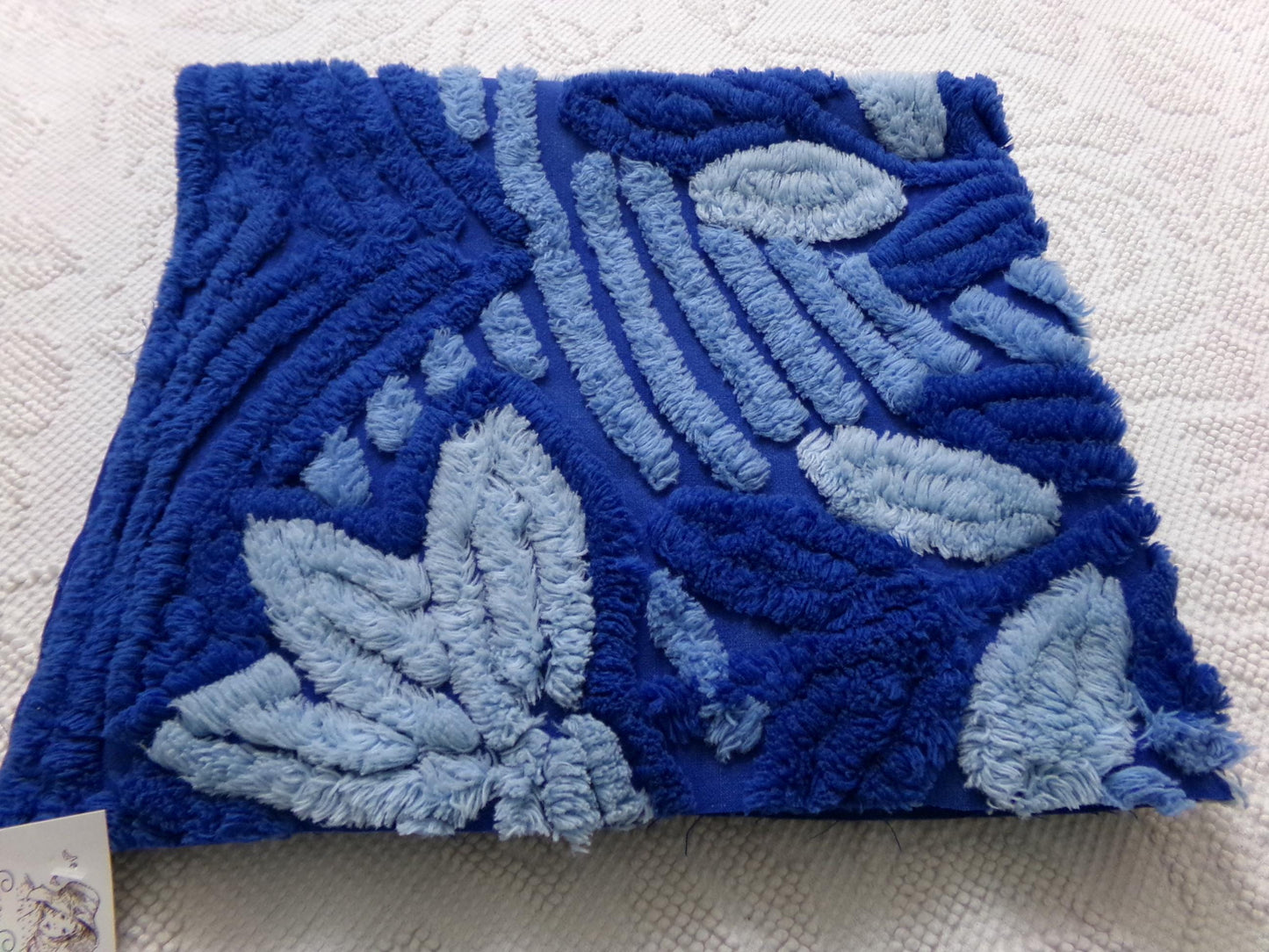 vintage chenille bedspread fabric, mystic blue fan floral sewing material, 22" x 21" piece