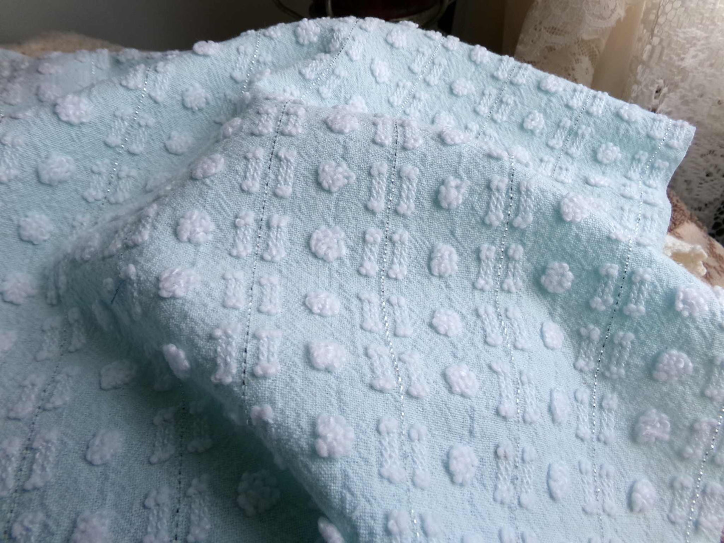 Aqua White Vintage Chenille Quilt Fabric, Petite Double Dash Dot, Silver Lurex, 19x22"