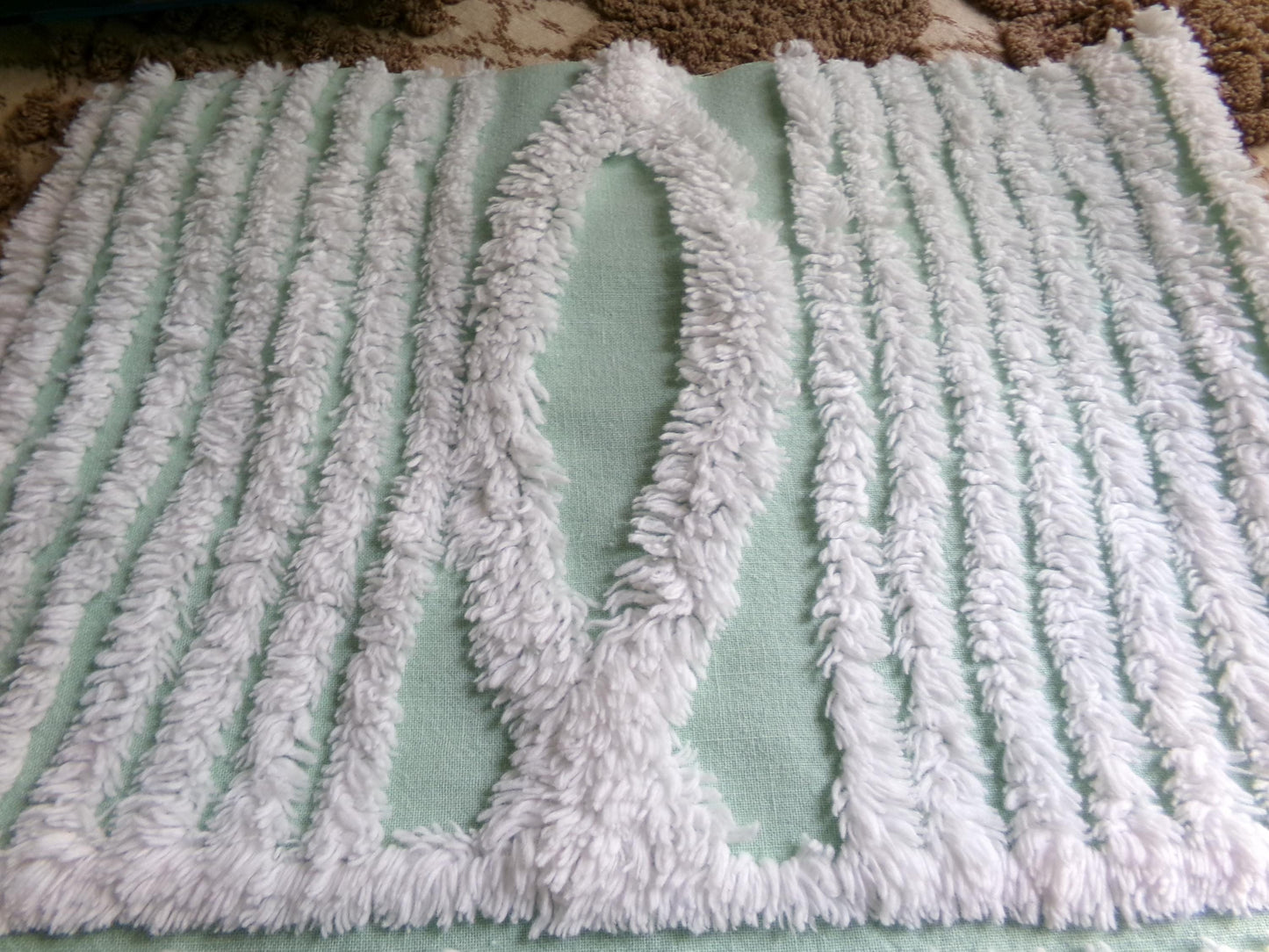 Fabric Piece from Vintage Chenille Bedspread in Mint Green & White Geometric Stripe, 12" x 22" inches