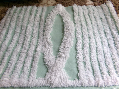 Fabric Piece from Vintage Chenille Bedspread in Mint Green & White Geometric Stripe, 12" x 22" inches