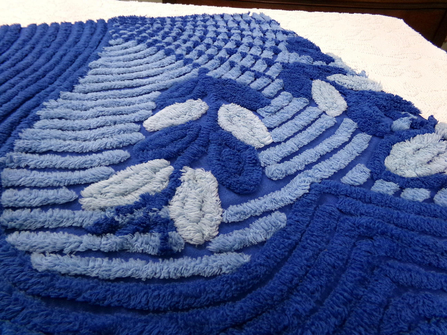 vintage chenille bedspread fabric, mystic blue fan floral sewing material, 22" x 21" piece